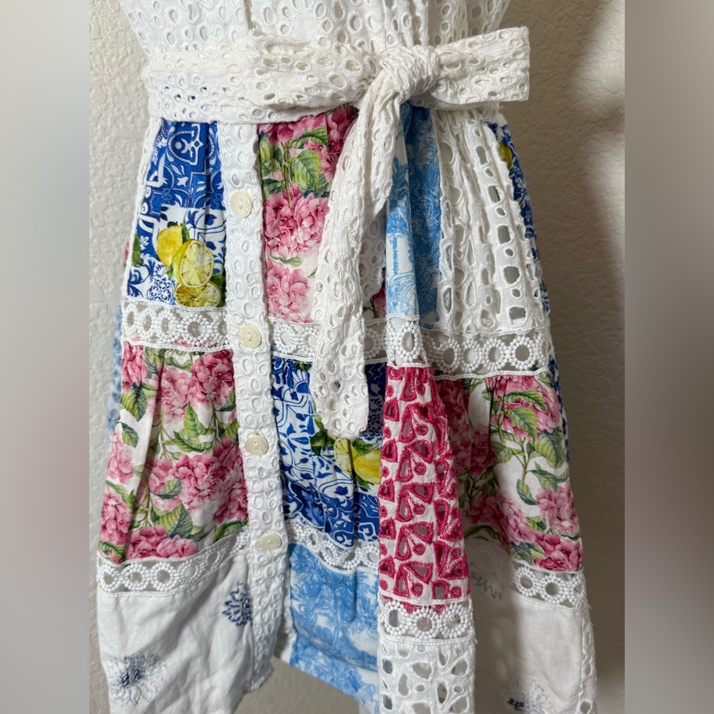 Mixed Media Eyelet Patchwork Print Fit and Flare Dress. Size S - Picture 4 of 8